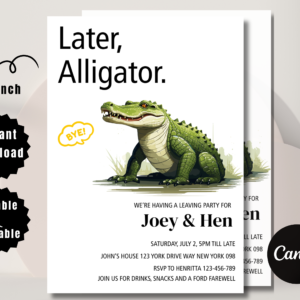 Editable Alligator Birthday Party Invitation with green cartoon gator and jungle theme, perfect for boys and girls. Canva template shown on mobile screen.
