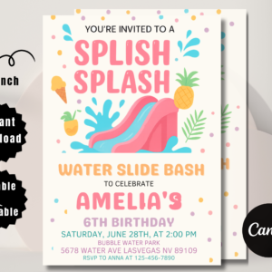 Editable Waterslide Birthday Invitation featuring kids on a water slide, colorful summer pool party theme, Canva template shown on screen.