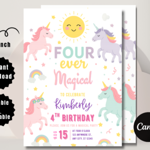 Editable unicorn 4th birthday invitation with pastel rainbow background and magical theme, designed for girls’ birthday party, Canva template.