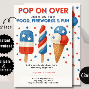 Editable 4th of July invitation template in red, white, and blue for patriotic BBQ or birthday party.