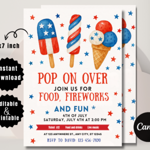 Editable red, white, and blue 4th of July pool party invitation template with summer and patriotic theme.