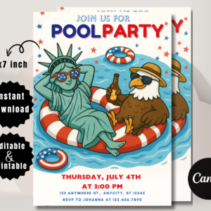 Image Alt Text: Red white and blue editable 4th of July pool party invitation template with patriotic summer graphics.