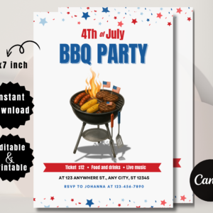 Editable 4th of July red white and blue BBQ invitation template with fireworks and grill icons.