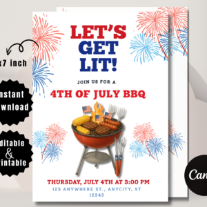 Editable red white and blue 4th of July party invitation with BBQ design and fireworks.
