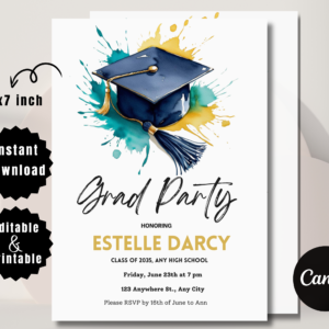 Modern graduation party invitation template for high school or college with editable Canva layout.