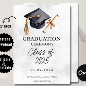 Modern graduation party invitation template for high school or college with editable Canva layout.