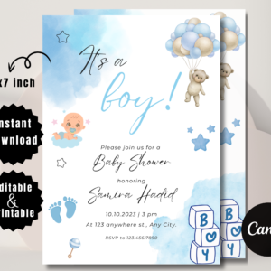 Boho baby boy shower invitation template with clothesline design, editable Canva download.