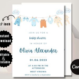 Boho baby boy shower invitation with clothesline design, earthy tones, editable Canva template for instant download.