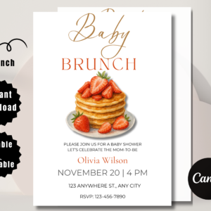 “Editable Canva baby girl shower invite with strawberry and brunch illustrations”