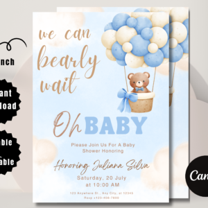 “Gender-neutral bear baby shower invitation with watercolor teddy bear and balloons”