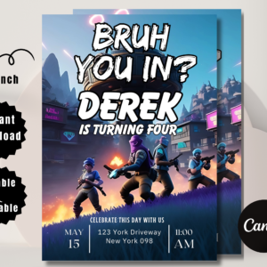 “Bruh gamer birthday invitation template with game controller and pixel graphics”