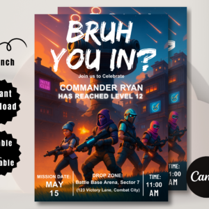 "Editable Bruh Gamer Birthday Invitation with neon blue and green video game theme – Canva template"