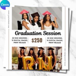Editable graduation photoshoot flyer template for photographers to advertise senior portraits and graduation packages.