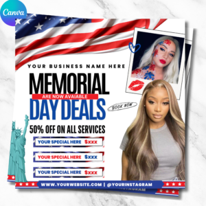 Editable Memorial Day booking flyer template for beauty professionals, salons, and freelancers to promote holiday sales and open appointments.