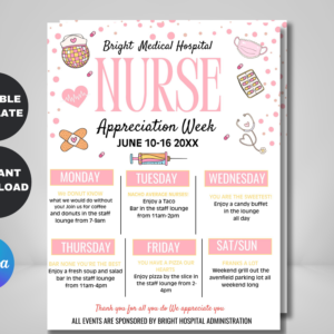 Editable Nurse Appreciation Flyer and Weekly Planner Canva template shown on screen with pastel blue and medical icons, celebrating Nurses Week.