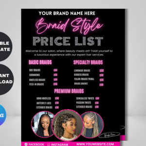 Editable braids price list flyer template for hair salon services, featuring modern clean layout for braiders and stylists.