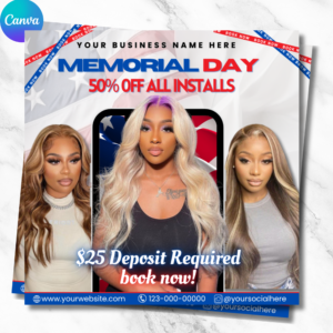 Editable Memorial Day beauty booking flyer template in red, white, and blue colors for salons and beauty professionals.