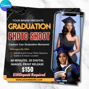 Editable graduation photoshoot flyer template for photographers to promote graduation photography specials.