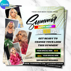 Editable summer braids booking flyer template for hairstylists and braiders to promote seasonal services.