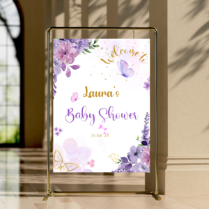 Purple butterfly baby shower welcome sign with editable name and date