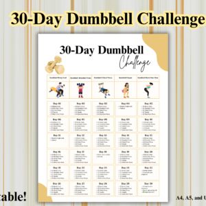 30-Day Dumbbell Challenge printable workout planner in A4, A5, and US Letter sizes showing daily exercises with dumbbell graphics and a blue fitness theme.