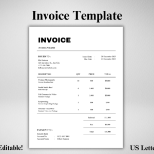 Editable Invoice Template for Small Business | Canva Template | US Letter Size