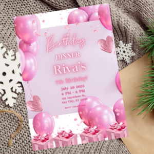 Elegant pink birthday dinner invitation with formal script on white and blush background