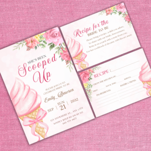 Pink floral ice cream-themed bridal shower invitation with matching recipe cards on a textured pink background.
