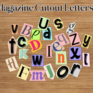 Magazine-style alphabet stickers in various fonts and colors, scattered over a wooden background