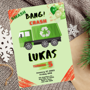 Printable garbage truck-themed birthday party invite for kids