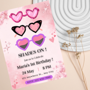 Retro girly 1st birthday pool party invitation in sunshine and sunglasses theme