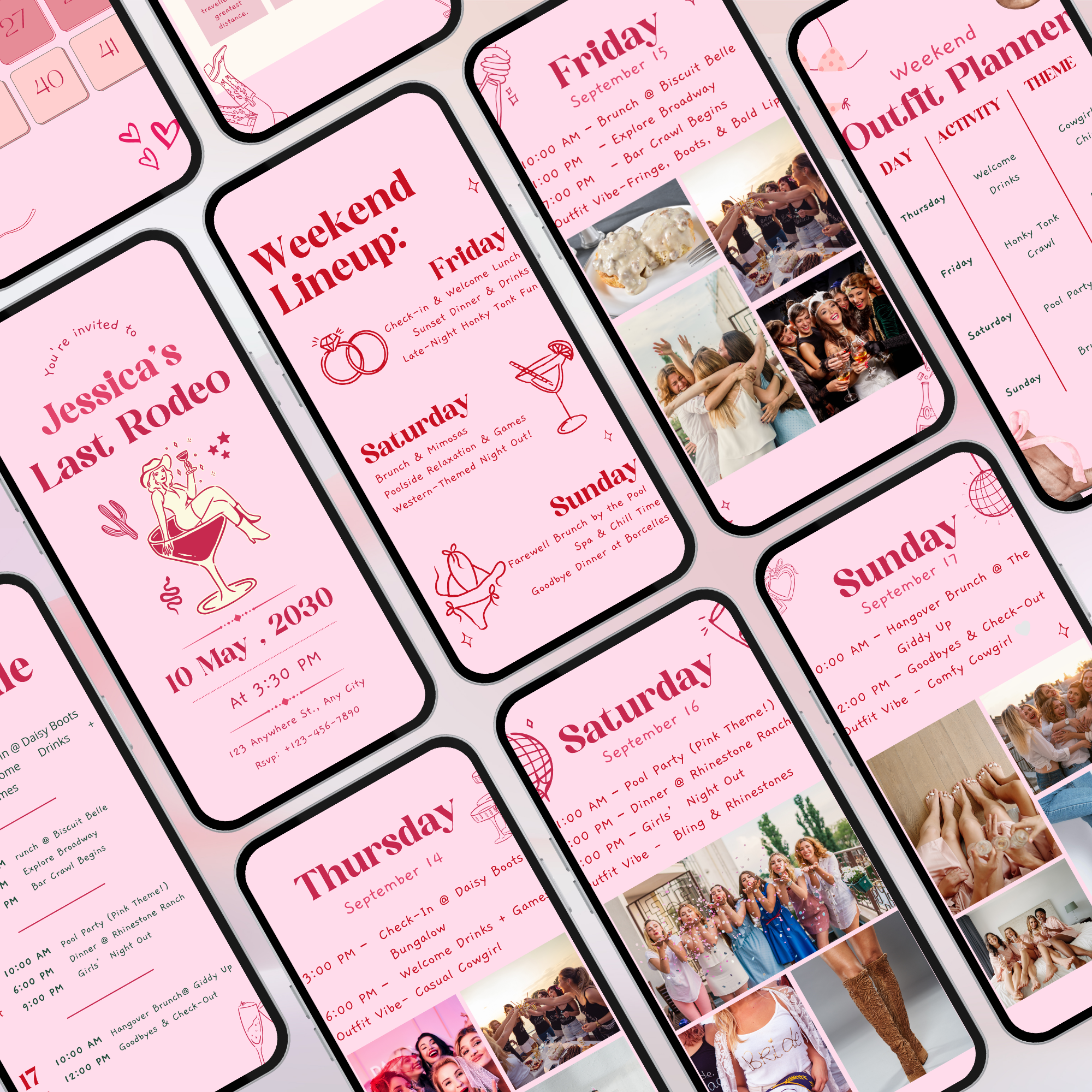 Editable western-themed bachelorette party template on pink background