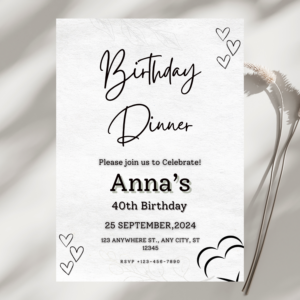 Elegant silver and black birthday dinner invitation with minimalist typography