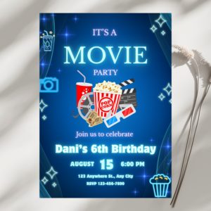 Editable movie birthday invitation with popcorn and red marquee design
