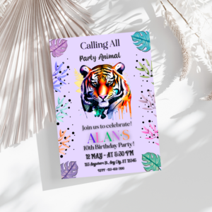 Rainbow jungle birthday invitation with tiger and safari animals