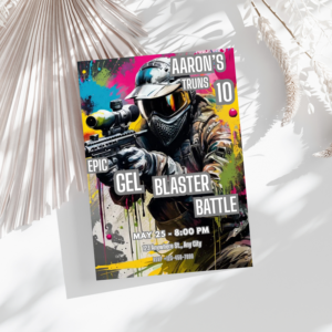 Editable Gel Blaster birthday invitation template with bold action theme