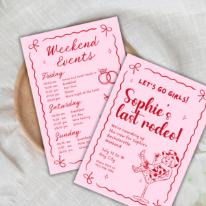 Editable pink cowgirl bachelorette itinerary and invite template