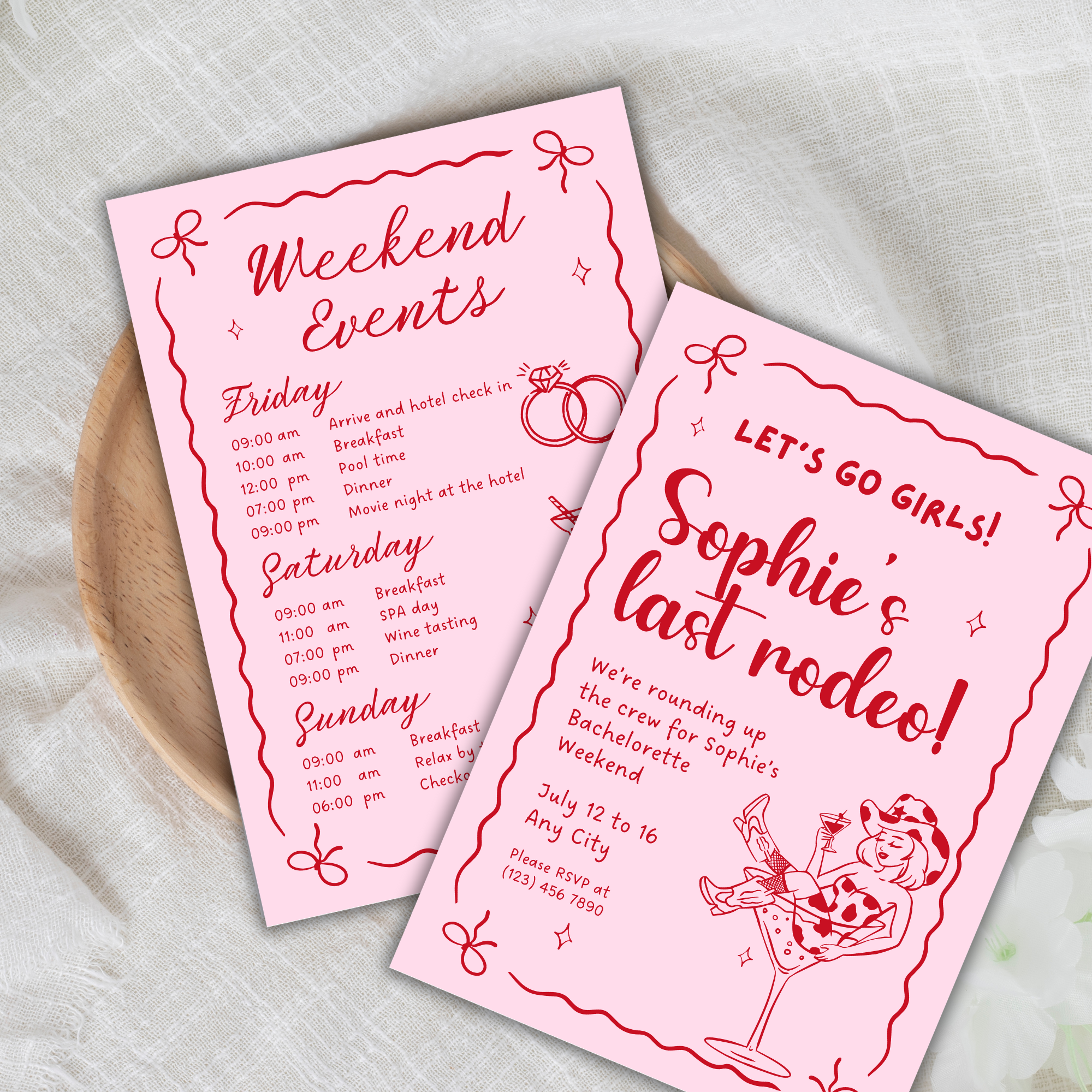 Editable pink cowgirl bachelorette itinerary and invite template