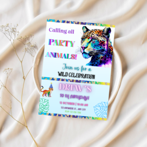 Editable jungle birthday invitation featuring tiger and safari animals