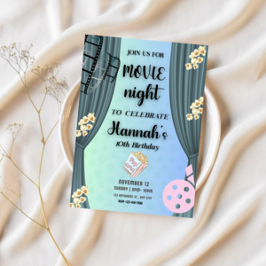 Editable movie birthday invitation featuring popcorn and red marquee text