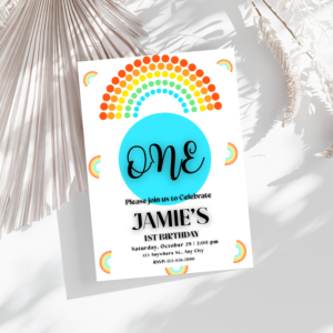Editable rainbow polka dot birthday invitation with “One” text