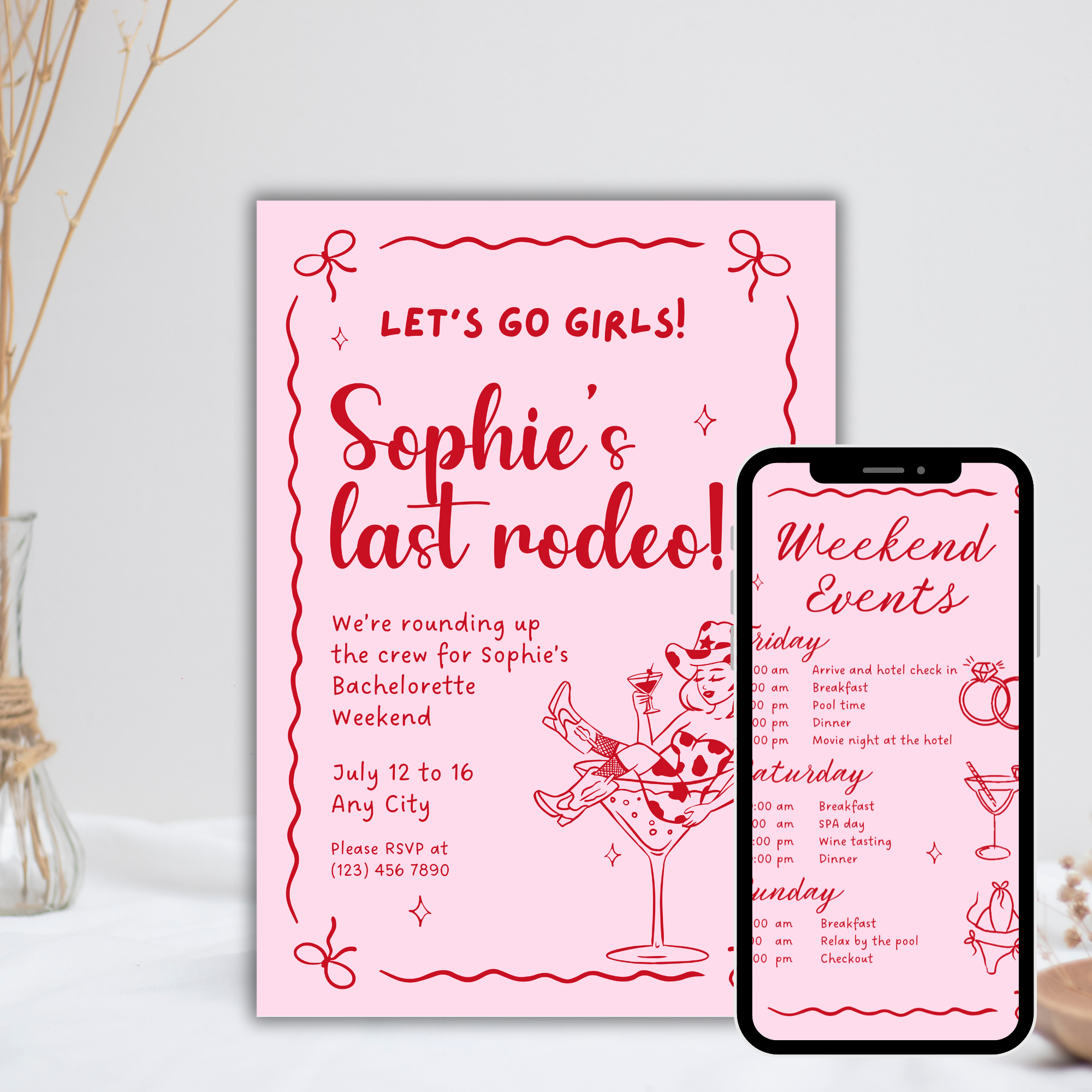 Editable pink cowgirl bachelorette itinerary and invite template