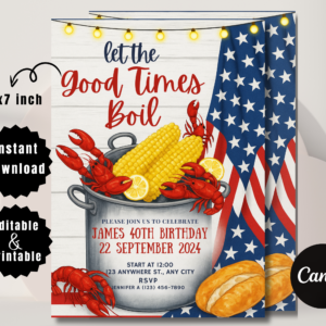 Editable Fourth of July crawfish boil invitation with red, white, and blue theme