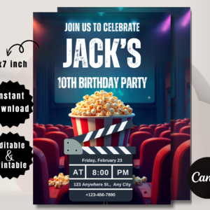Editable Movie Birthday Invitation | Popcorn Party Template | Digital Kids Cinema Invite