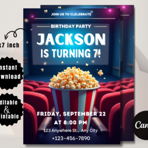 Cinema Birthday Party Invitation | Popcorn Party Template | Editable Movie Theater Evite