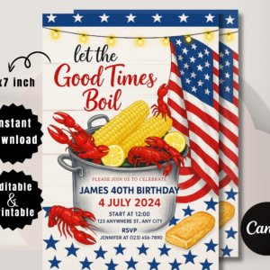 Editable Fourth of July crawfish boil invitation with red white and blue design