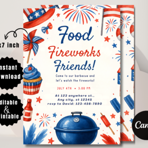 Editable 4th of July BBQ invitation template with fireworks and food graphics