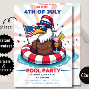 Editable 4th of July pool birthday invitation Canva template