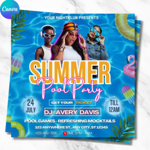 Editable summer flyer Canva template with pool party and BBQ theme for digital or print use, featuring colorful tropical design elements.