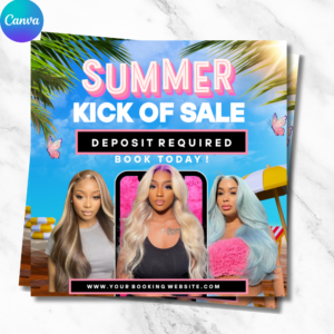 Editable Summer Booking Flyer Canva Template featuring bold colorful design, ideal for promoting June hair or beauty business appointments.